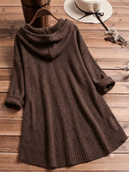 Women'S Elegant Casual Cute Sexy Middle Eastern Style Spring Autumn Solid Color Hooded Long Sleeve Slit Button Front Short Back Long Comfortable Loose Soft Warm Knit Pullover Sweater Top - Coffee Color