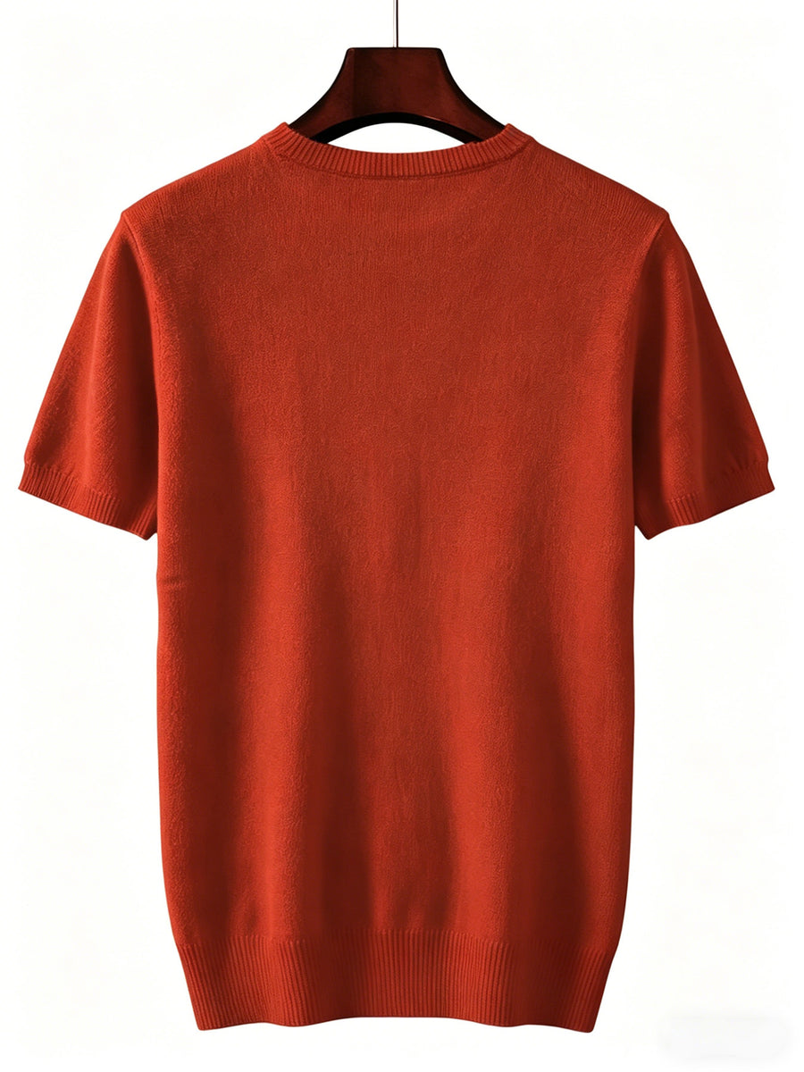 Men'S Round Neck Short Sleeve Knit Sweater Planet Easy Casual Base Layer Top - Brick Red