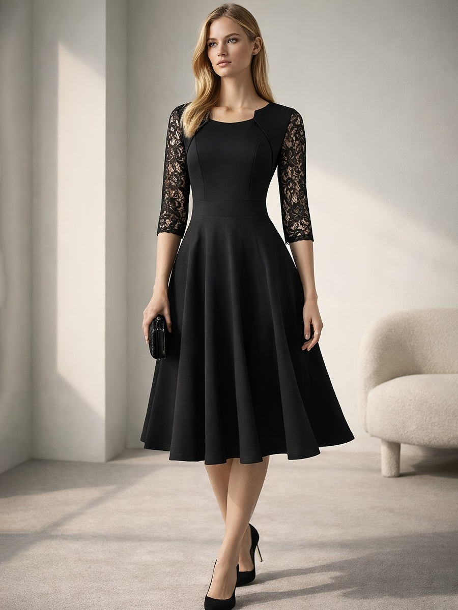 Women'S Fashion Vintage Square Neck Floral Lace Party Swing Dress - Black