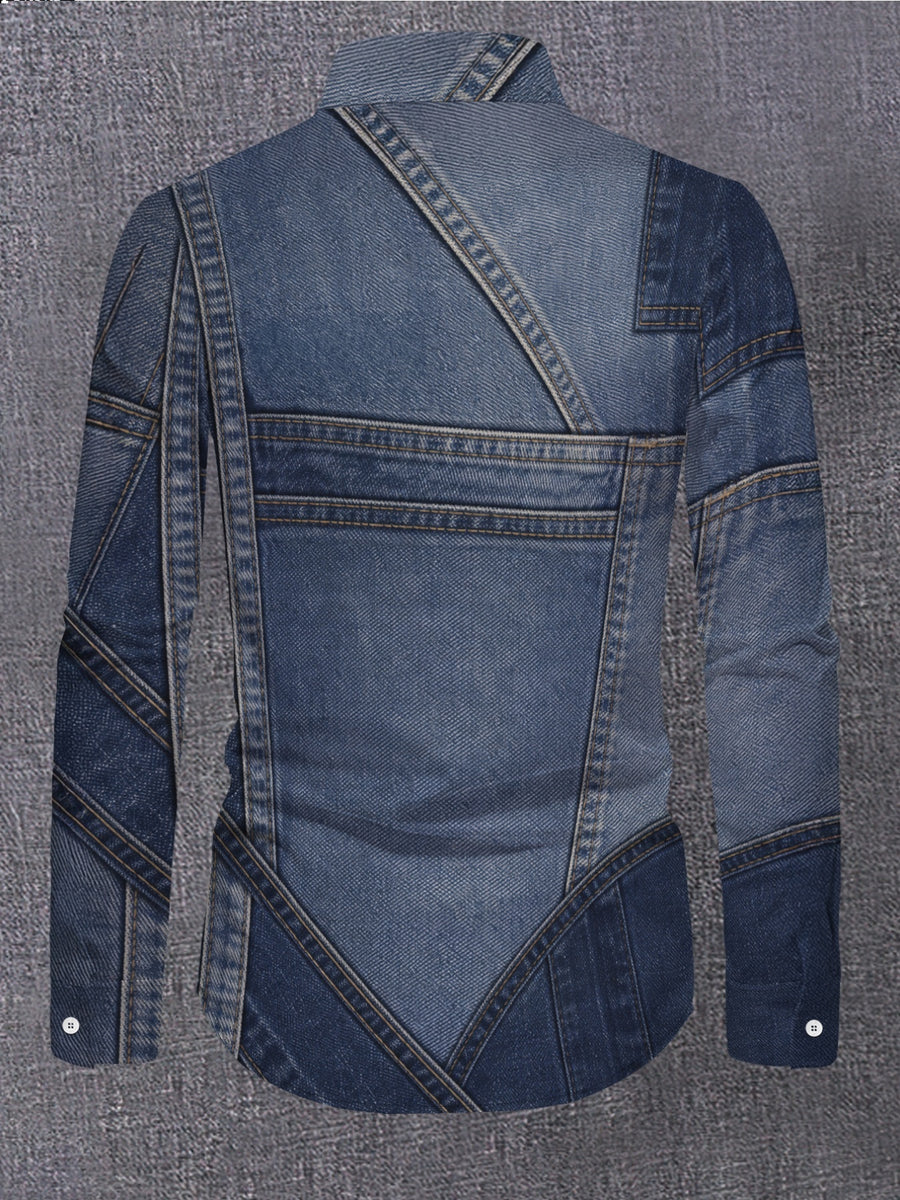 Men'S Premium Choice [Printed Design – Not Textured] Men'S Essential Long Sleeve Shirt Men'S Long Sleeve Faux Denim Shirt Trendy Individual Patchwork Design Fashion Lapel Casual Versatile Top [Non-Faux Denim Fabric] Perfect Gift for Men - Mixed colors
