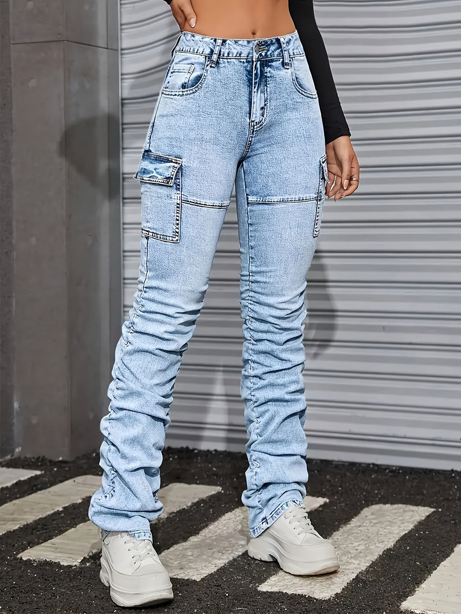 Design-Driven Stretch Utility Denim Long Pants - Blue