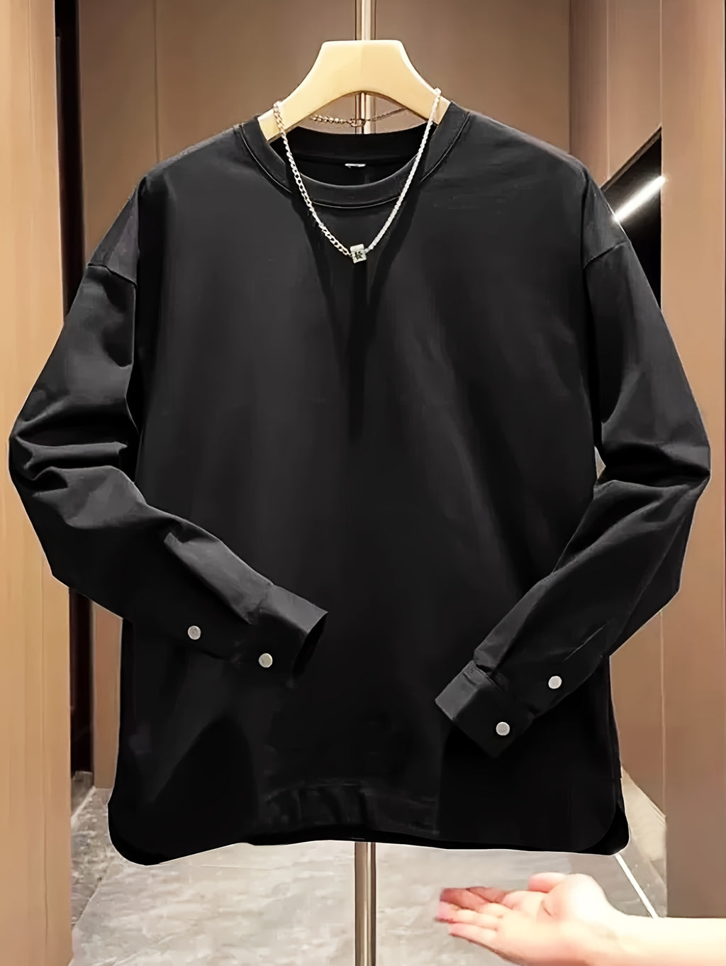 Buckle Shirt Pullover Round Neck Sporty Spring Autumn Solid Color Long Sleeve Men'S Slit Button Cuff Top - Black