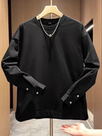 Buckle Shirt Pullover Round Neck Sporty Spring Autumn Solid Color Long Sleeve Men'S Slit Button Cuff Top - Black