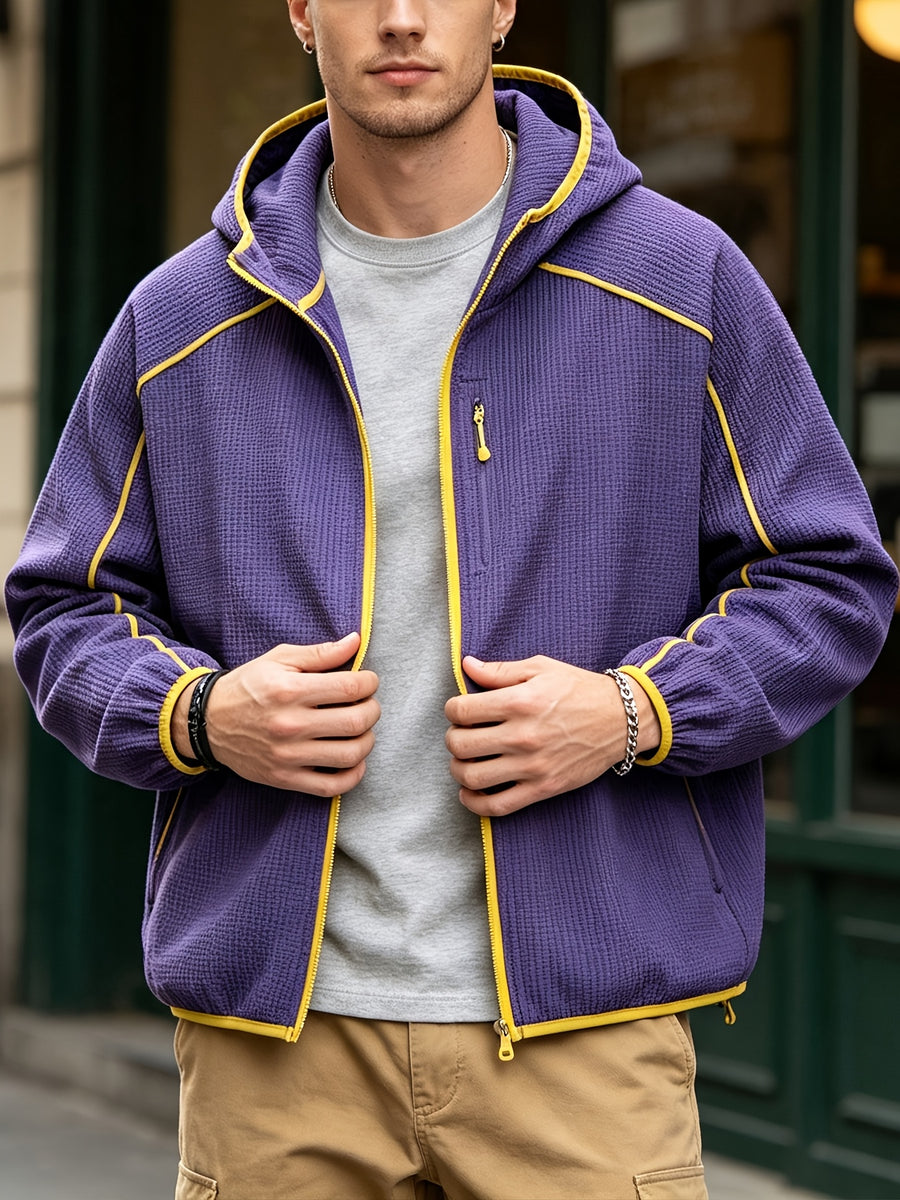 2026 New Men's Waffle Knit Textured Sport Jacket, Spring/Autumn Lightweight Hooded Outerwear, Suitable for Sports & Fitness, Outdoor Activities, Daily Home Wear, and Casual Outings - Purple