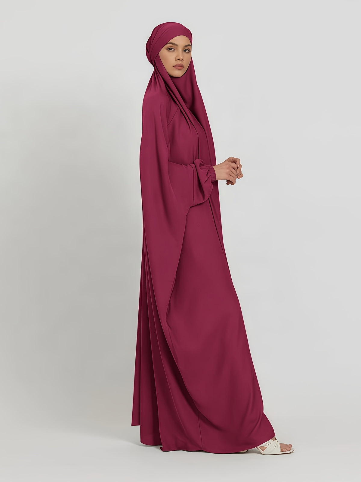 1pc Jilbab, 1pc Khimar with a Rich Drape, Cuffed Sleeves, and a Loose Fit, Suitable for Busy Daily Wear or Worship - Deep Red