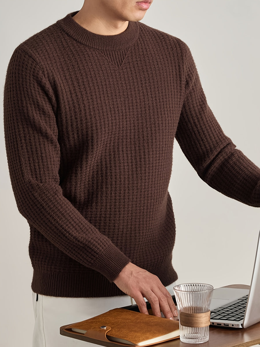 Men'S Waffle Knit Round Neck Sweater, Full Waffle Texture Jacquard Checkered Knit, Strong Three-Dimensional Feel, Thicker Than Regular Plain Knit, Better Warmth - SINBOS - Coffee Color