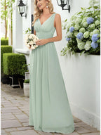 [ZD1031001] French Elegant V-Neck Sleeveless Long Dress with Waist Cinched Ruched Wedding Bridesmaid Dress Evening Party Dress - Light Green