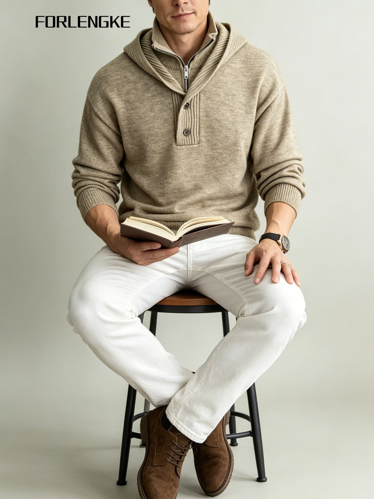 FORLENGKE Men'S Urban Wandering Commuter Style Hooded Half-Zip Knit Sweater, Adjustable Hood with Buckle, Heavy Knit for Temperature Fluctuations, Comfortable for Long Sitting, Suitable for Commuting, Exhibitions, Cafes, Social Gatherings - Clip Flower Coffee