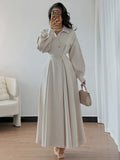 Women's Lapel Off-shoulder Long Sleeve Waist-cinched Flared Skirt, Suitable for Outings, Vacations, Holidays, and Travel. Autumn Women's Long Sleeve Elegant Dress - Apricot