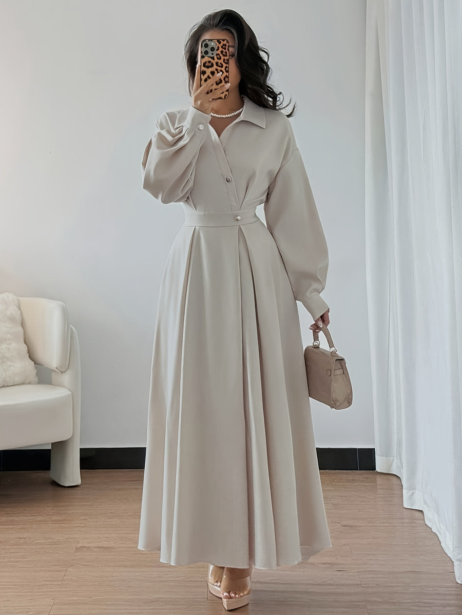 Women's Lapel Off-shoulder Long Sleeve Waist-cinched Flared Skirt, Suitable for Outings, Vacations, Holidays, and Travel. Autumn Women's Long Sleeve Elegant Dress - Apricot