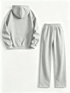Vintage Floral English Print Hooded Sweatshirt And Wide-Leg Long Pants Set, Cool Side Lettering Design Relaxed Casual Two-Piece Set Western Style Everyday Wear for Women - Light Gray + Light Gray