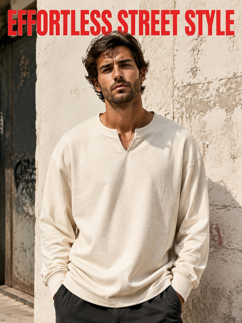 1pc Men'S Oversized Henley Notch-Neck Pullover Top, Drop Shoulder Loose Silhouette, Soft Knit Fabric, Ribbed Cuffs, Straight Hem, Minimalist Street-Inspired Long Sleeve Shirt for Daily Casual Commute Wear - Apricot