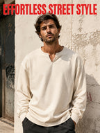 1pc Men'S Oversized Henley Notch-Neck Pullover Top, Drop Shoulder Loose Silhouette, Soft Knit Fabric, Ribbed Cuffs, Straight Hem, Minimalist Street-Inspired Long Sleeve Shirt for Daily Casual Commute Wear - Apricot