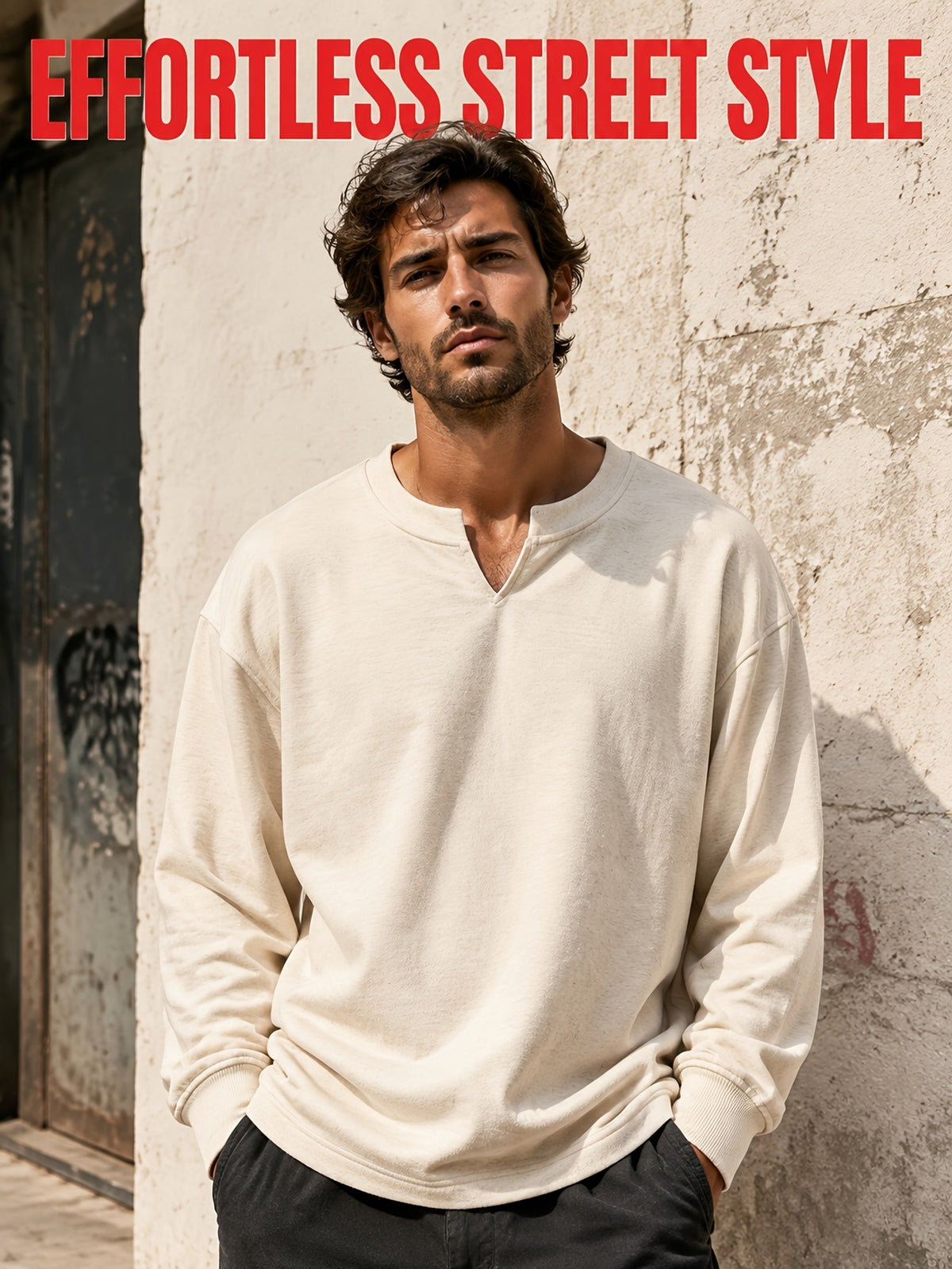 1pc Men'S Oversized Henley Notch-Neck Pullover Top, Drop Shoulder Loose Silhouette, Soft Knit Fabric, Ribbed Cuffs, Straight Hem, Minimalist Street-Inspired Long Sleeve Shirt for Daily Casual Commute Wear - Apricot