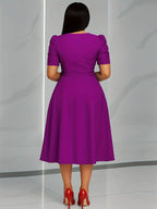 Women'S Elegant V-Neck Ruched Midi Dress, Solid Color Short Sleeve, Waist-Cinching Belt, Flowing Skirt, Perfect Spring Summer Outfit, Adult Fashion, Comfortable Daily Elegant Waist-Cinching Dress, Ruched Detail - Violet