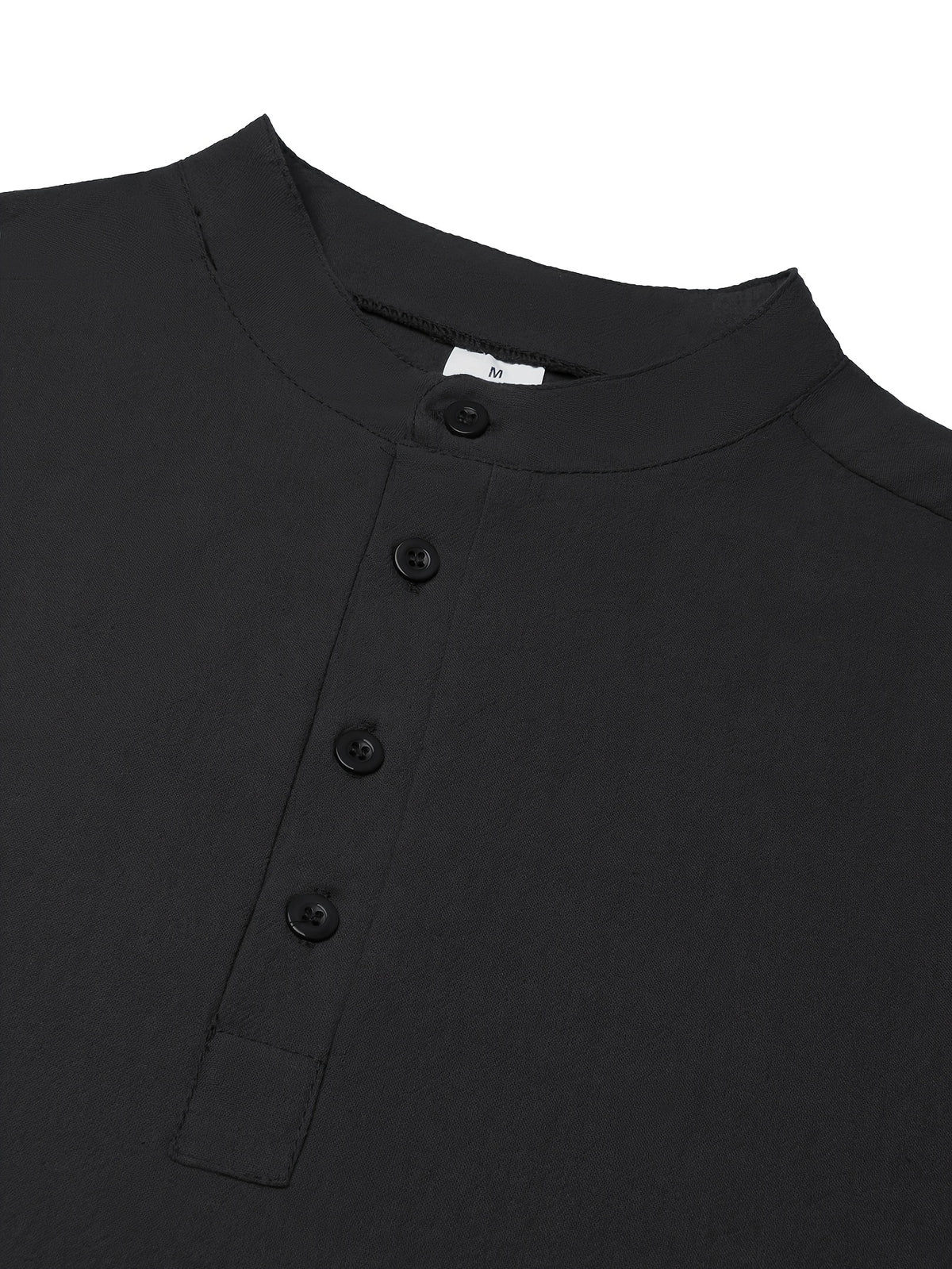 Men'S Spring Autumn New Thin Half-Button Stand Collar Linen T-Shirt Casual All-Match Athletic Trendy Fashion Commuting Fitness Thin Comfortable Loose Long Sleeve T-Shirt - Black