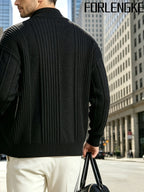 FORLENGKE Early Autumn New Arrival Men's Italian-Style Minimalist Formal Knit Stand Collar Cardigan, Zipper Open Front for Layering with Inner Wear, Autumn/Winter Golf, Casual, Office Commute, Shopping, Market Strolling, Daily Wear Top - Black