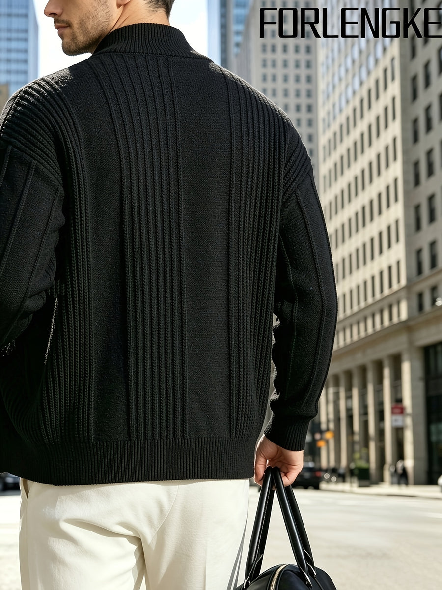 FORLENGKE Early Autumn New Arrival Men's Italian-Style Minimalist Formal Knit Stand Collar Cardigan, Zipper Open Front for Layering with Inner Wear, Autumn/Winter Golf, Casual, Office Commute, Shopping, Market Strolling, Daily Wear Top - Black