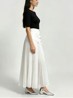 [Printed Skirt - Not Faux Denim Fabric]Temperament Commuter Imitation Faux Denim Patchwork Half Skirt, High-Waist Mesh Pleated Flared Long Dress Spring Summer Versatile Style Kydx - White