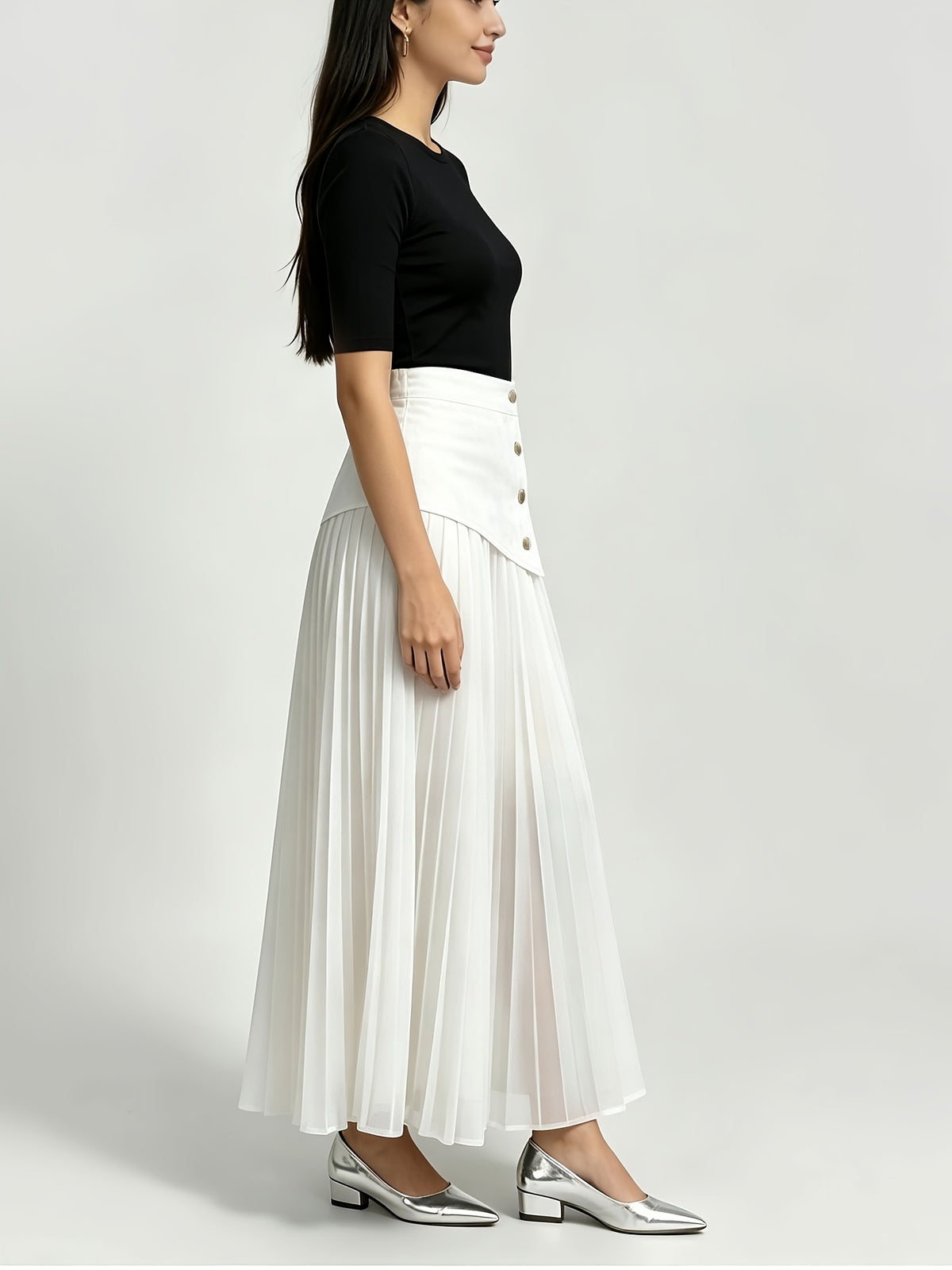 [Printed Skirt - Not Faux Denim Fabric]Temperament Commuter Imitation Faux Denim Patchwork Half Skirt, High-Waist Mesh Pleated Flared Long Dress Spring Summer Versatile Style Kydx - White