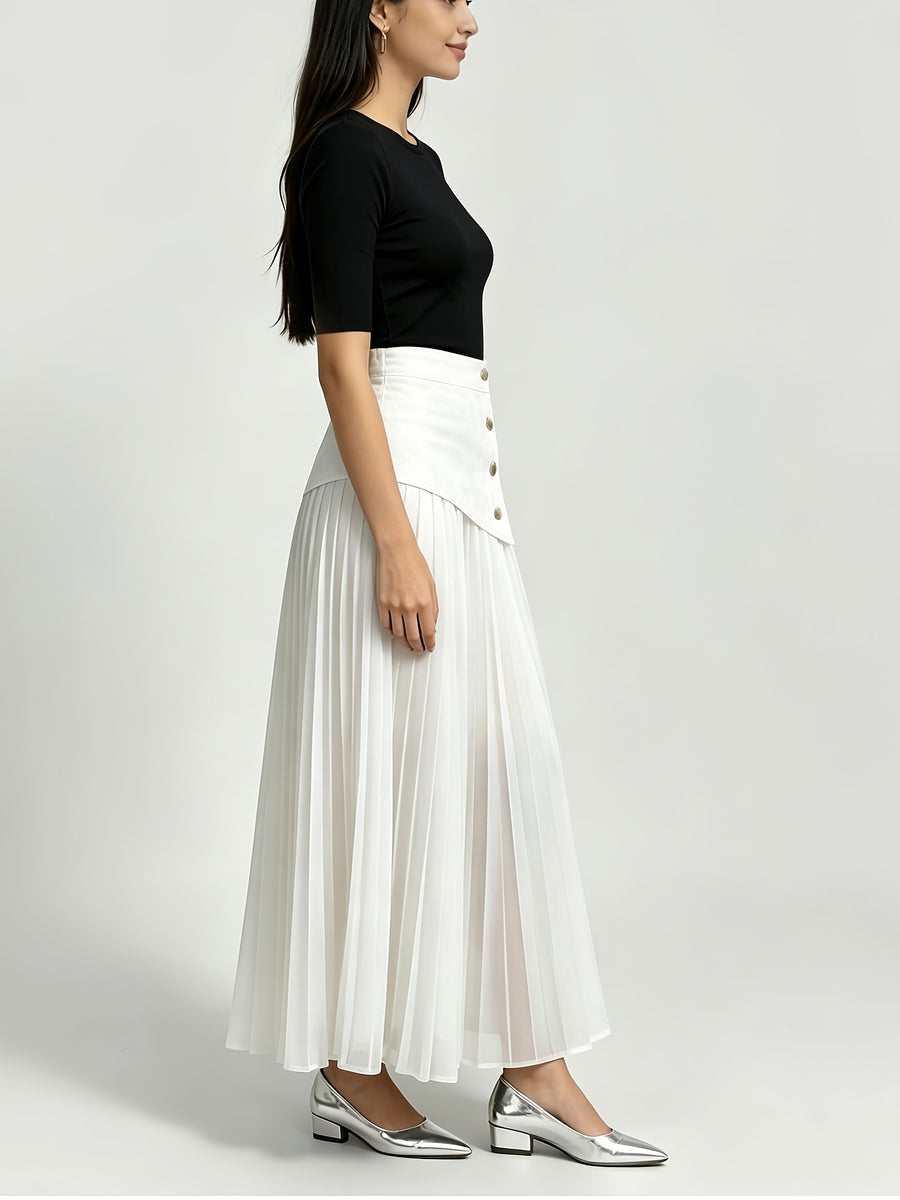 [Printed Skirt - Not Faux Denim Fabric]Temperament Commuter Imitation Faux Denim Patchwork Half Skirt, High-Waist Mesh Pleated Flared Long Dress Spring Summer Versatile Style Kydx - White