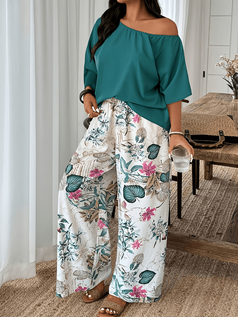 European and American Style Women's Elegant 2pcs Set: Solid Color Off-Shoulder Loose Pullover Paired with Floral Print Pants,, Comfortable, Versatile for Commuting and Vacation, Fashionable Set - Dark Cyan