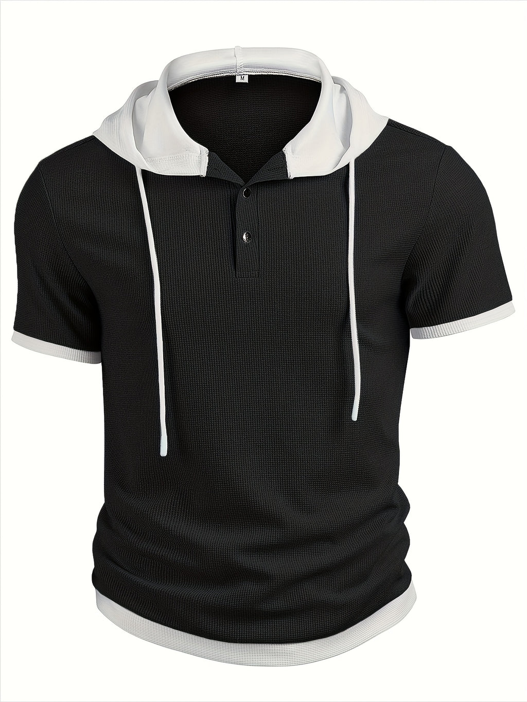 Men's Casual Short Sleeve Hooded Henley Shirt - Textured Waffle Knit & Contrast Color Block Design with Metal Buttons, Breathable Summer Outdoor Sportswear, Machine Washable Regular Fit, Henley Placket Design - Black