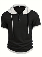Men's Casual Short Sleeve Hooded Henley Shirt - Textured Waffle Knit & Contrast Color Block Design with Metal Buttons, Breathable Summer Outdoor Sportswear, Machine Washable Regular Fit, Henley Placket Design - Black