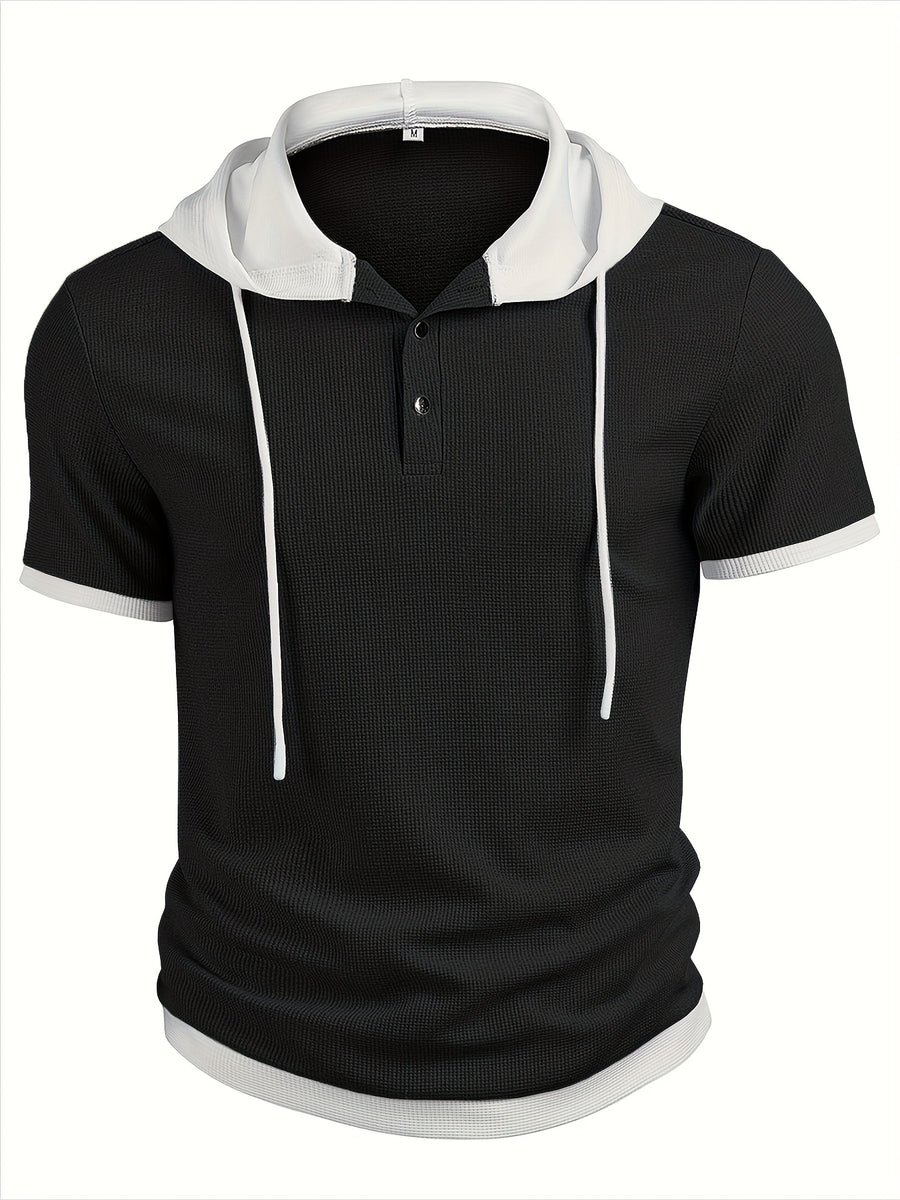 Men's Casual Short Sleeve Hooded Henley Shirt - Textured Waffle Knit & Contrast Color Block Design with Metal Buttons, Breathable Summer Outdoor Sportswear, Machine Washable Regular Fit, Henley Placket Design - Black