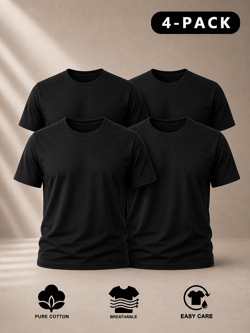 Men's 4pcs 100% Cotton Short Sleeve T-Shirts, Soft & Comfortable Crew Neck Basic Tees for Everyday Casual Wear, Layering and Travel, Father's Day Gift for Men, Available in Black, White or Mixed Black & White - Black 4pcs