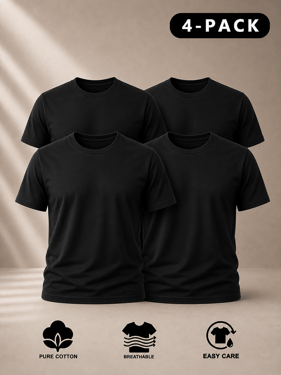 Men's 4pcs 100% Cotton Short Sleeve T-Shirts, Soft & Comfortable Crew Neck Basic Tees for Everyday Casual Wear, Layering and Travel, Father's Day Gift for Men, Available in Black, White or Mixed Black & White - Black 4pcs