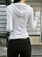 Minimalist American Street Style Vector Pattern Print Button-Up Long Sleeve Hooded T-Shirt, Slim Fit Flattering Casual Hot Base Layer Top, Fashionable Long Sleeve, Buttoned Long Sleeve, Suitable for and Outings, Comfortable Long Sleeve - White