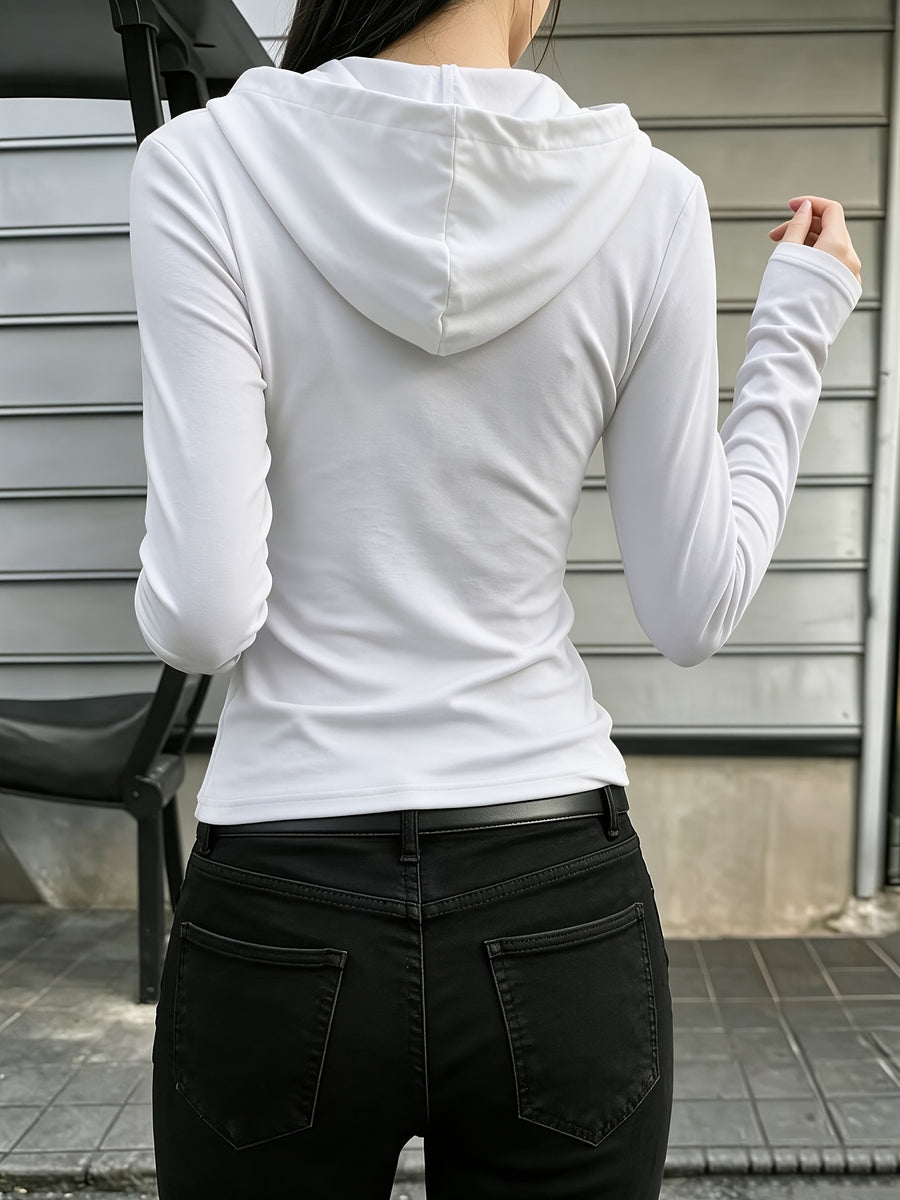 Minimalist American Street Style Vector Pattern Print Button-Up Long Sleeve Hooded T-Shirt, Slim Fit Flattering Casual Hot Base Layer Top, Fashionable Long Sleeve, Buttoned Long Sleeve, Suitable for and Outings, Comfortable Long Sleeve - White