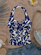 Women'S Spring/Summer New Arrival Daily/Dating/Vacation Casual Printed Twist Front Halter Neck Crop Top - Navy Color