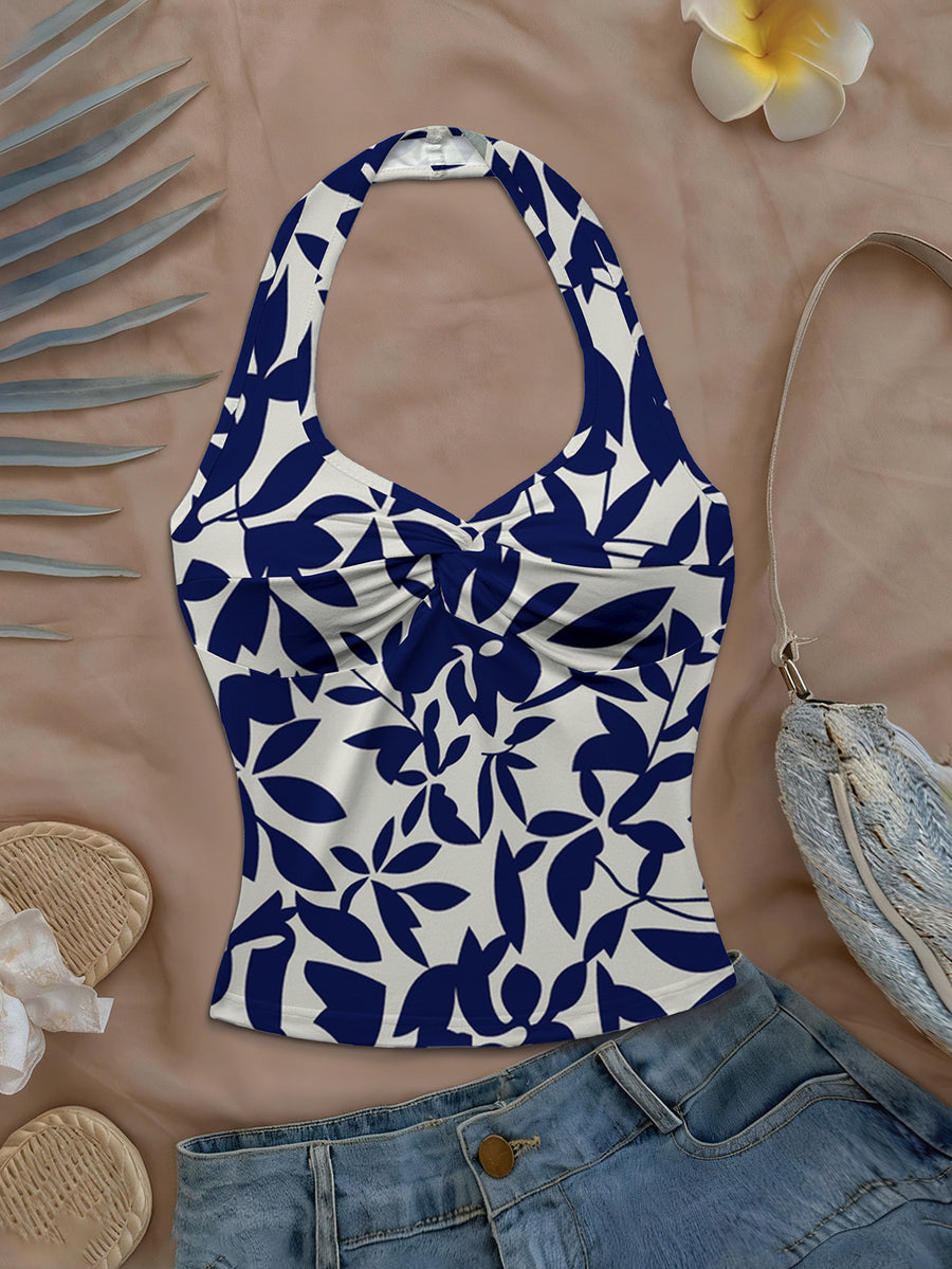 Women'S Spring/Summer New Arrival Daily/Dating/Vacation Casual Printed Twist Front Halter Neck Crop Top - Navy Color