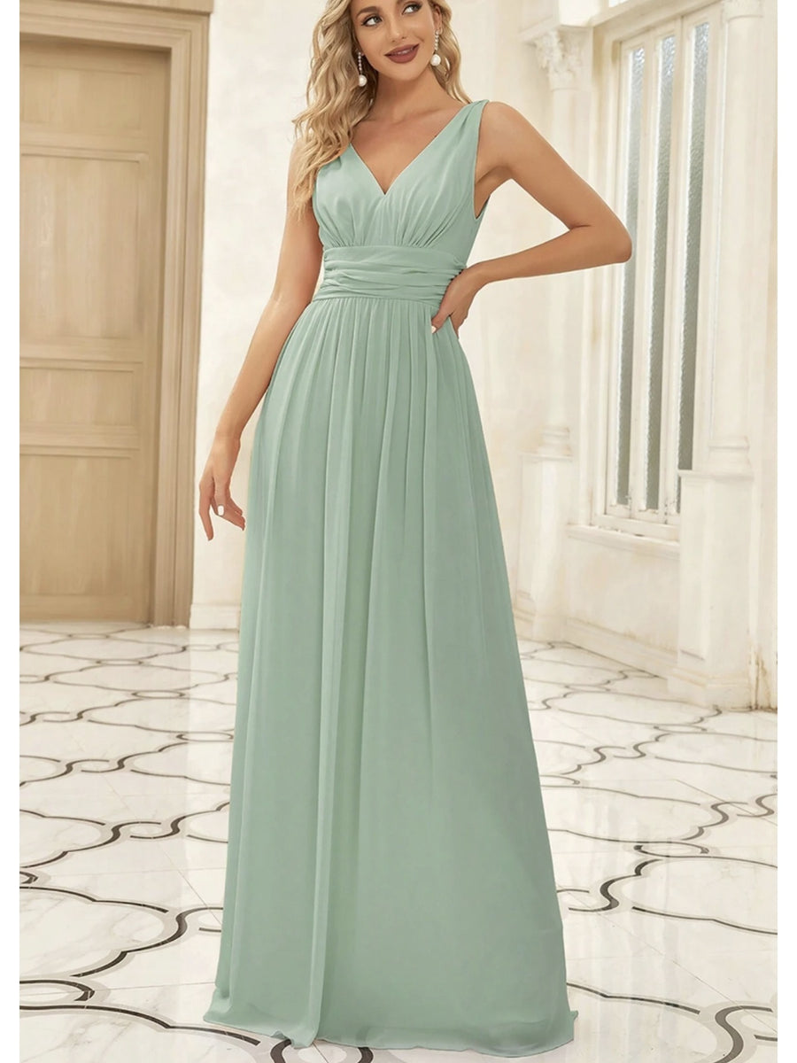 [ZD1031001] French Elegant V-Neck Sleeveless Long Dress with Waist Cinched Ruched Wedding Bridesmaid Dress Evening Party Dress - Light Green