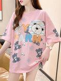 Summer New Large Size Loose Fashion Trend Slim Cartoon Round Neck Print Ladies Women's Medium and Long Short-sleeved T-shirt Clothes - K45-F