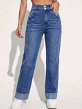 Women'S Fashion Trend Double-Breasted Flared Denim Jeans - Royal Blue