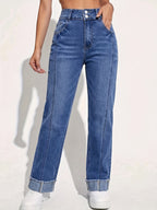 Women'S Fashion Trend Double-Breasted Flared Denim Jeans - Royal Blue