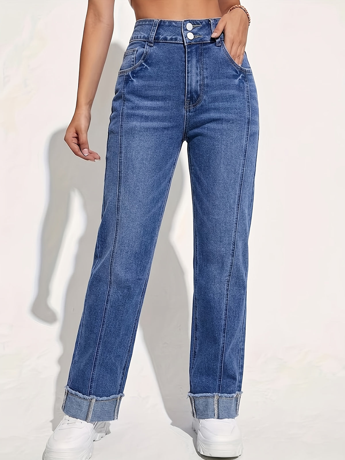 Women'S Fashion Trend Double-Breasted Flared Denim Jeans - Royal Blue