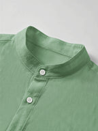 Men'S Faux Linen Long Sleeve Shirt: Lightweight Button-Up Stand Collar Solid Color Formal to Casual Style, Comfortable Breathable Pattern, Suitable for Beach, Office, Party Business, Daily Trendy Wear, Machine Washable Fashion Shirt - Green