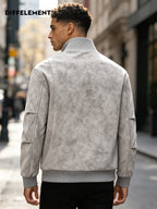 Men's Stand Collar Jacket, Windproof, Warm, Versatile, and Wear-Resistant, with Textured Finish and Precision Stitching. Loose-Fit Short Baseball Jacket Style for Daily Commuting, Streetwear, and Autumn/Winter Casual Wear. Features Ribbed Cuffs - White