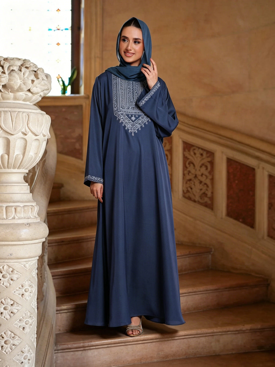 Muslim Ethnic Style Intricate Embroidery Craft Round Neck Long Sleeve Elegant Casual Long Dress Abaya (Headscarf Not Included) - Navy Color