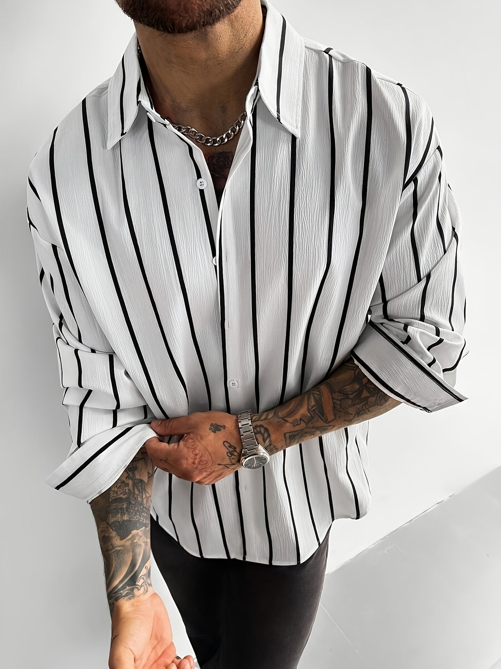 Men's Classic Black and White Striped Long-Sleeve Shirt, Textured Button-Up Shirt, Suitable for Casual and Office Commuting, All Seasons, Men's Gift - White