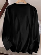 Women'S 100% Solid Color Long Sleeve T-Shirt, Round Neck, Comfortable Casual Wear for Everyday Use - Black