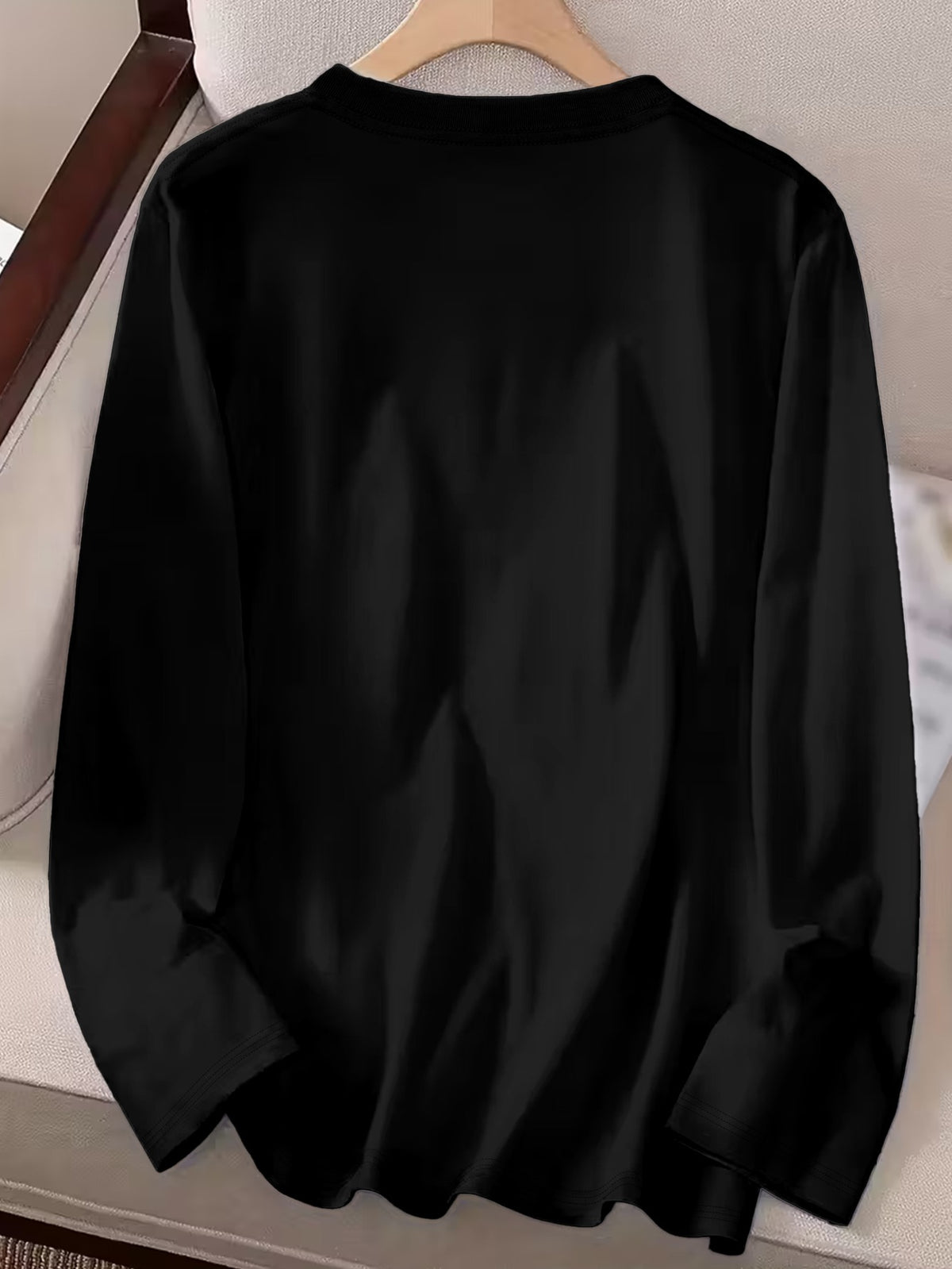 Women'S 100% Solid Color Long Sleeve T-Shirt, Round Neck, Comfortable Casual Wear for Everyday Use - Black