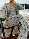 Plus Size Spring/Summer Star Print Pajama Set, Women's Camisole Long Sleeve Long Pants 3pcs Loungewear Set - Mixed colors