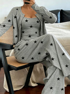 Plus Size Spring/Summer Star Print Pajama Set, Women's Camisole Long Sleeve Long Pants 3pcs Loungewear Set - Mixed colors