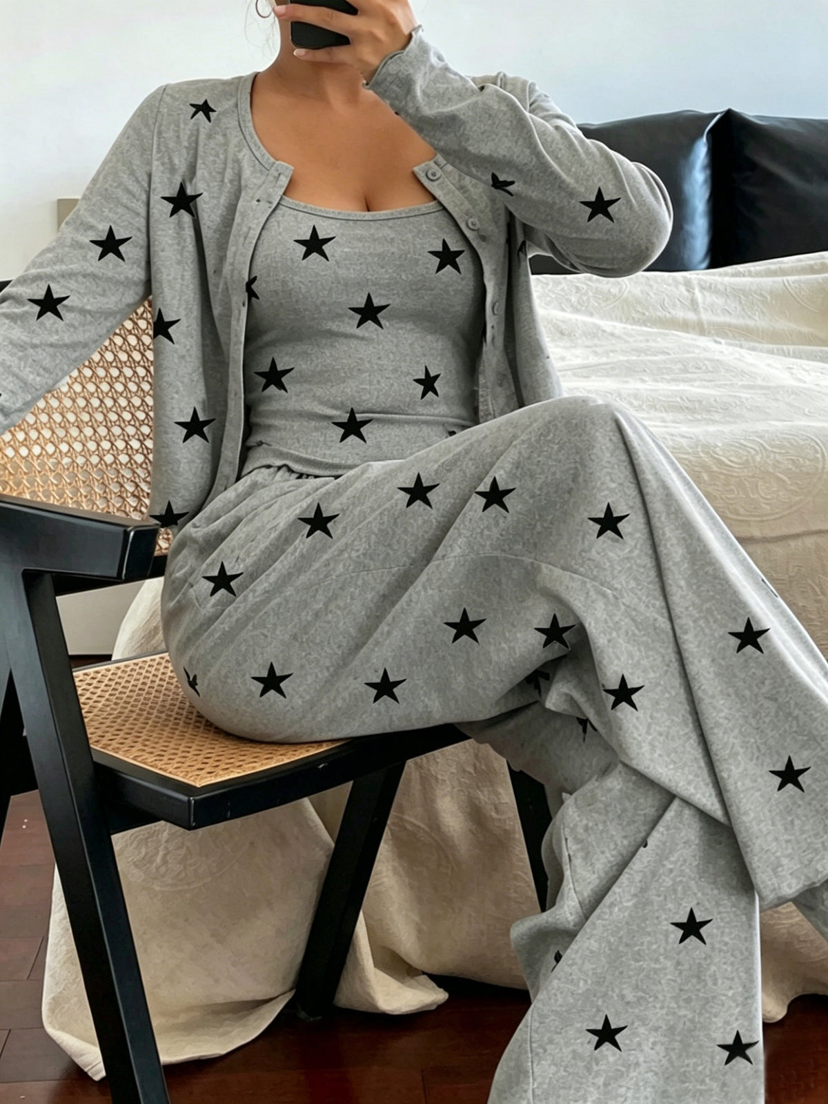 Plus Size Spring/Summer Star Print Pajama Set, Women's Camisole Long Sleeve Long Pants 3pcs Loungewear Set - Mixed colors