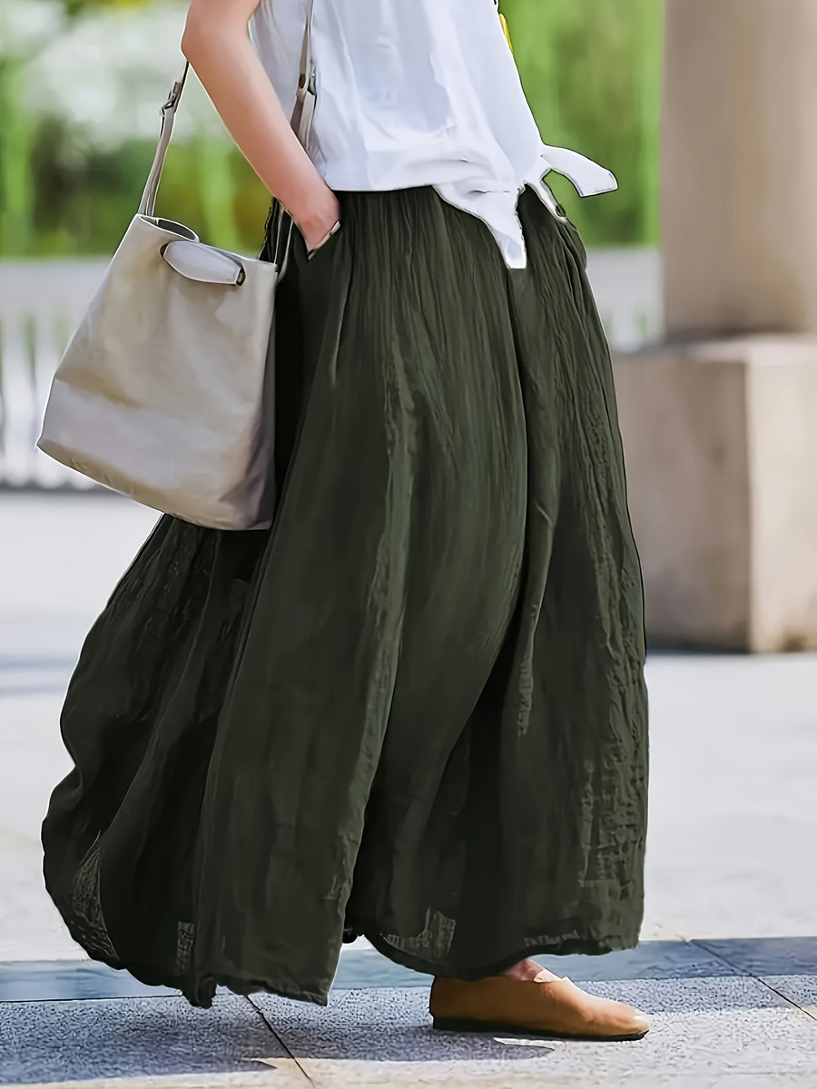 BK031606 Spring Summer Fall New Women'S Solid Retro Style Midi Skirt - Breathable, Loose Fit with Pockets, Spring Fall Elegant Casual Design - Dark Green